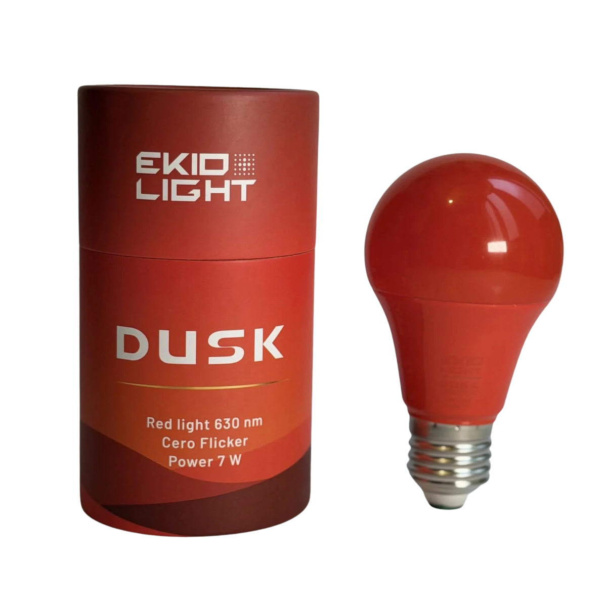 Bombilla de luz roja DUSK de EKIO Light con su envase
