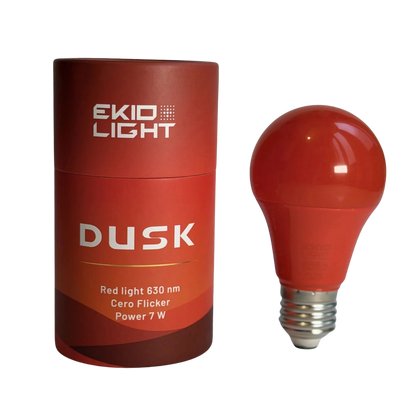 Bombilla de luz roja DUSK de EKIO Light con su envase