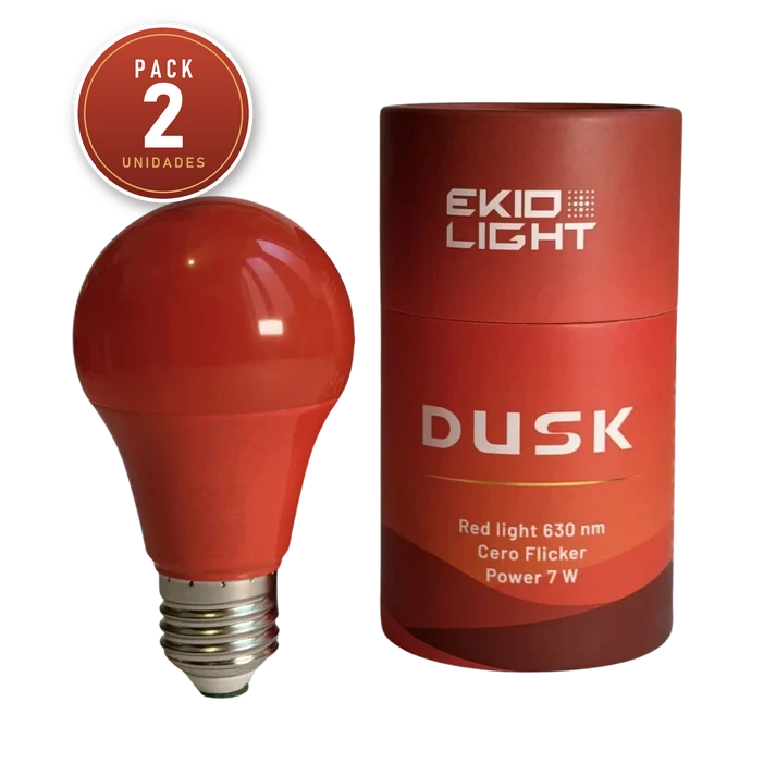 Detalle del pack de 2 unidades de bombillas rojas Dusk de Ekio Light